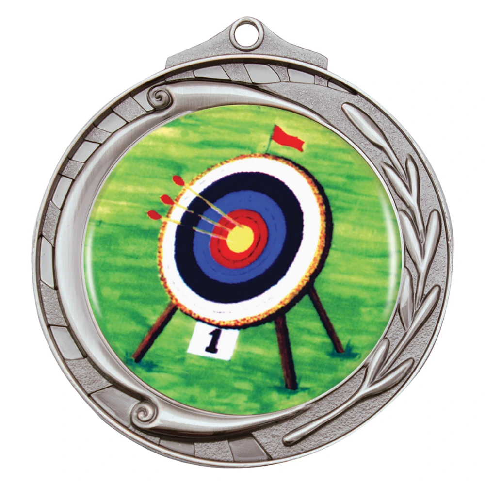 Silver archery medal with target insert, curved laurel detail and ribbon loop