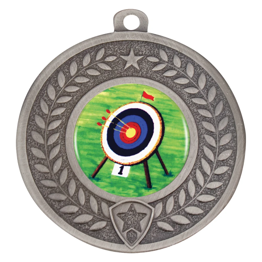 Silver archery medal with target insert centre, laurel wreath border and ribbon loop