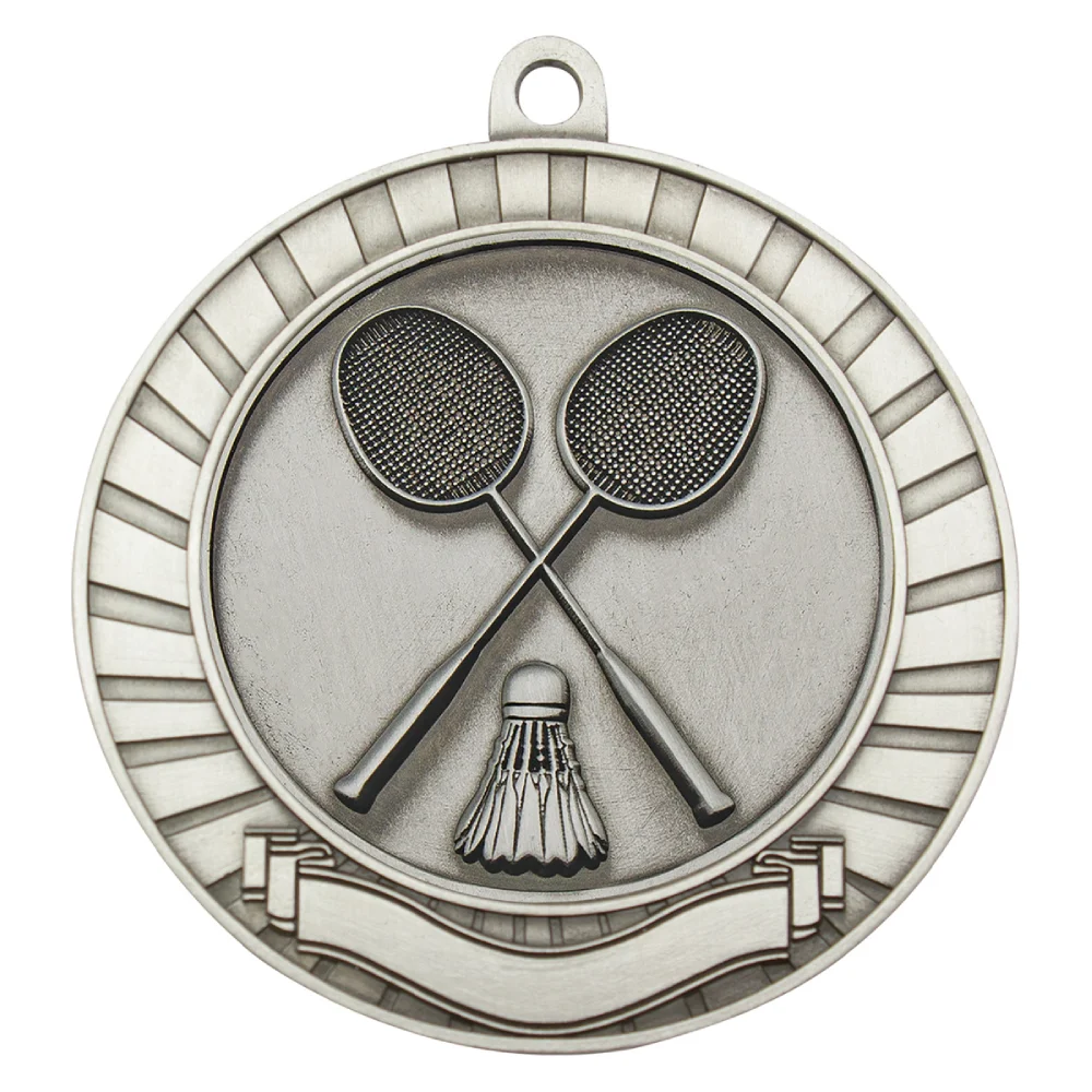 Silver badminton medal with crossed rackets and shuttlecock