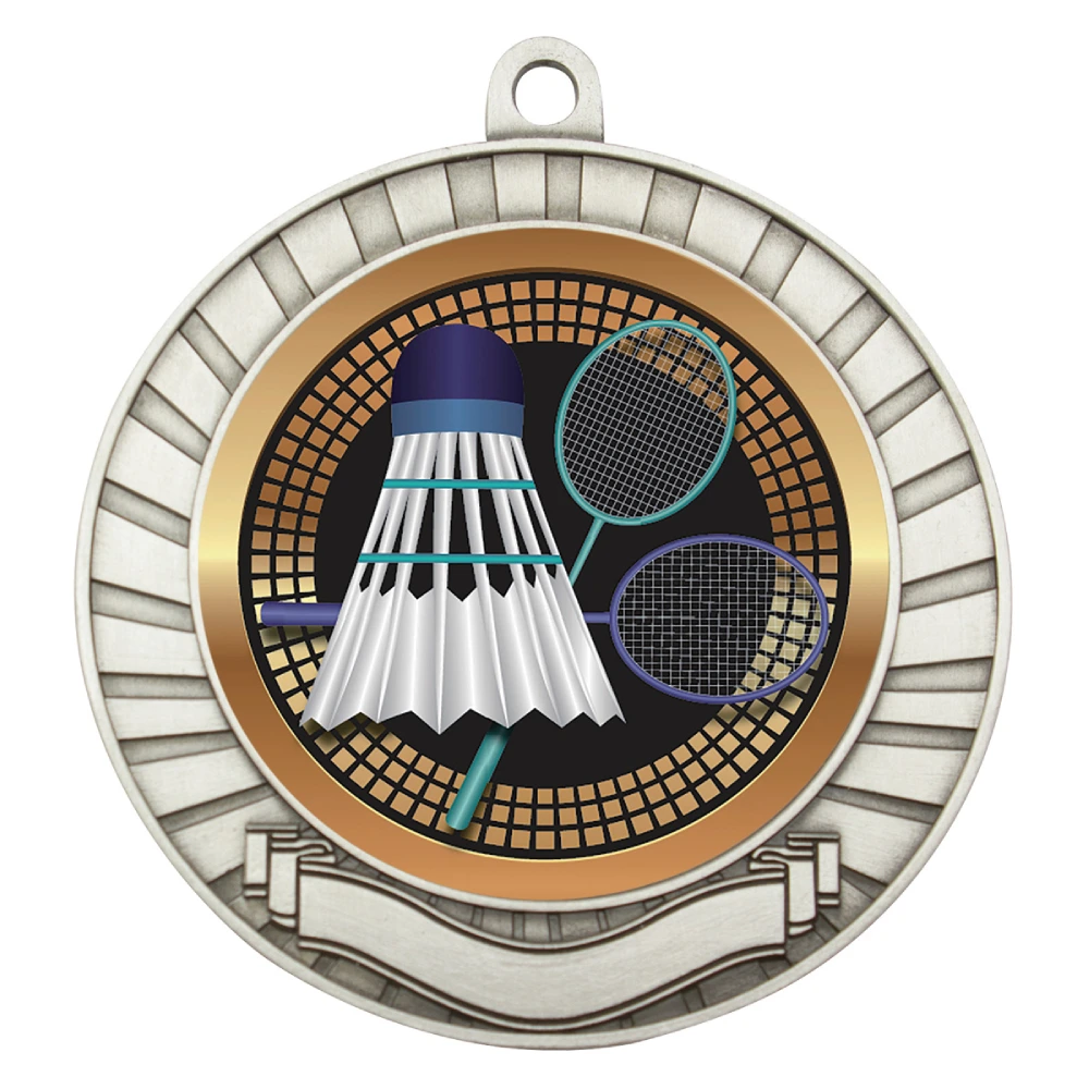 Silver badminton medal with shuttlecock and rackets insert