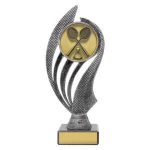Small silver badminton award with curved open design, gold insert featuring crossed rackets and shuttlecock, and engraving plate on marble base