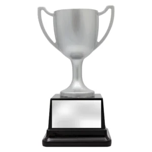 Small silver cup trophy with black base and blank engraving plate