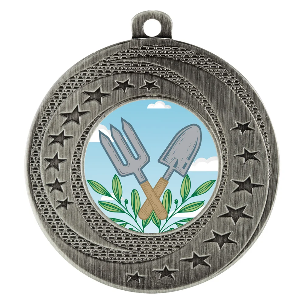 Silver textured star gardening medal with circular insert featuring crossed hand fork and trowel with leaf detail and patterned outer ring