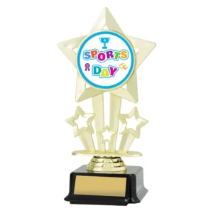 Sports day star trophy with large star top, three smaller stars and sports day logo insert on black base with engraving plate