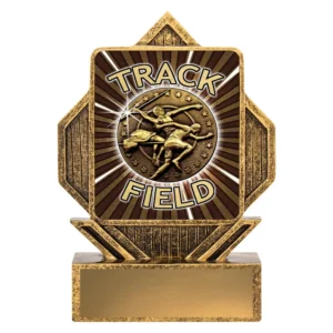 Track and field resin trophy with runner medal design, square panel and radial burst background in antique gold on base with engraving plate