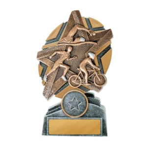 Small bronze and silver triathlon trophy with starburst design and swim cycle run figures