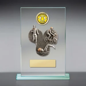 Glass triathlon plaque with swimmer runner and cyclist figures and gold engraving plate