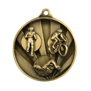 Gold triathlon round medal with swimmer cyclist and runner on radial rays background