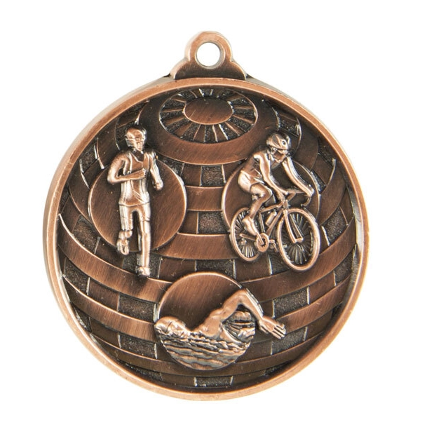 Bronze triathlon round medal with swimmer cyclist and runner on sunburst background