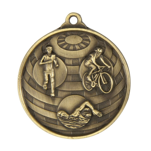 Gold triathlon round medal with swimmer cyclist and runner on sunburst background