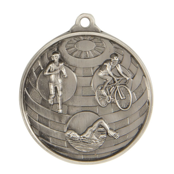 Silver triathlon round medal with swimmer cyclist and runner on sunburst background