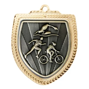 Gold triathlon shield medal with swimmer cyclist and runner figures on textured background