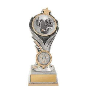 Small silver and gold triathlon trophy with star top and swim cycle run emblem