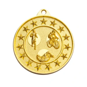 Gold triathlon medal with swimmer cyclist and runner and star border design