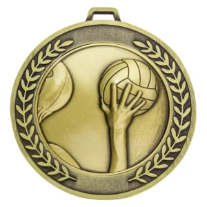 Gold water polo medal with laurel wreath border and hand holding ball design