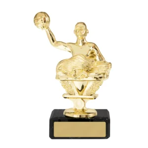 Small gold water polo player trophy holding ball above water on black base with engraving plate