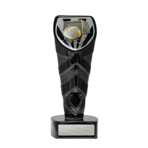 Medium water polo black column trophy with ball and goal top insert, laurel detail, and engraving plate