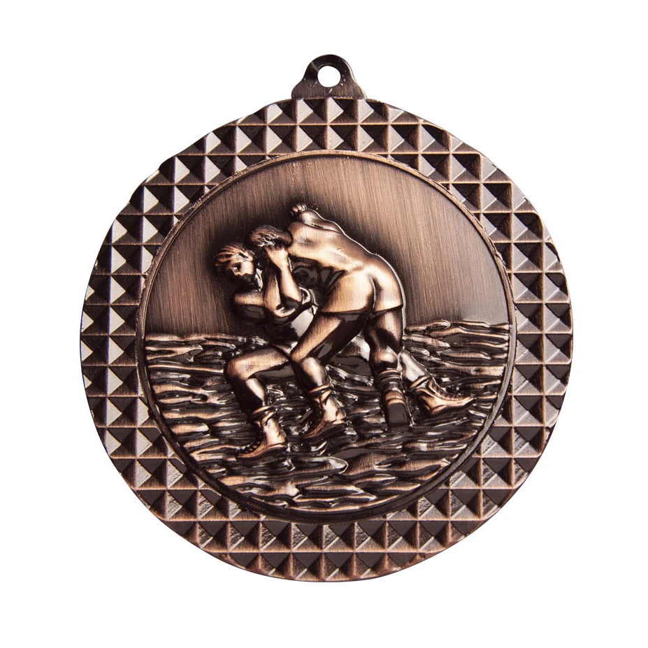 Bronze wrestling medal with raised wrestling match scene and textured patterned border