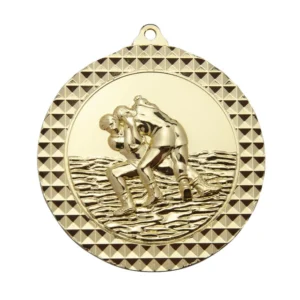 Gold wrestling medal with raised wrestling match scene and textured patterned border