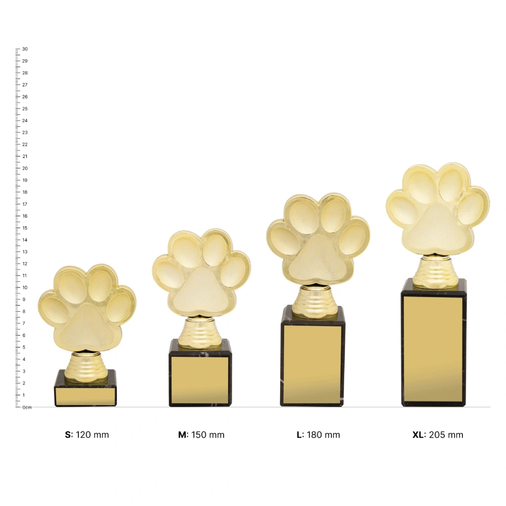 3D Pet Paw trophies next to ruler