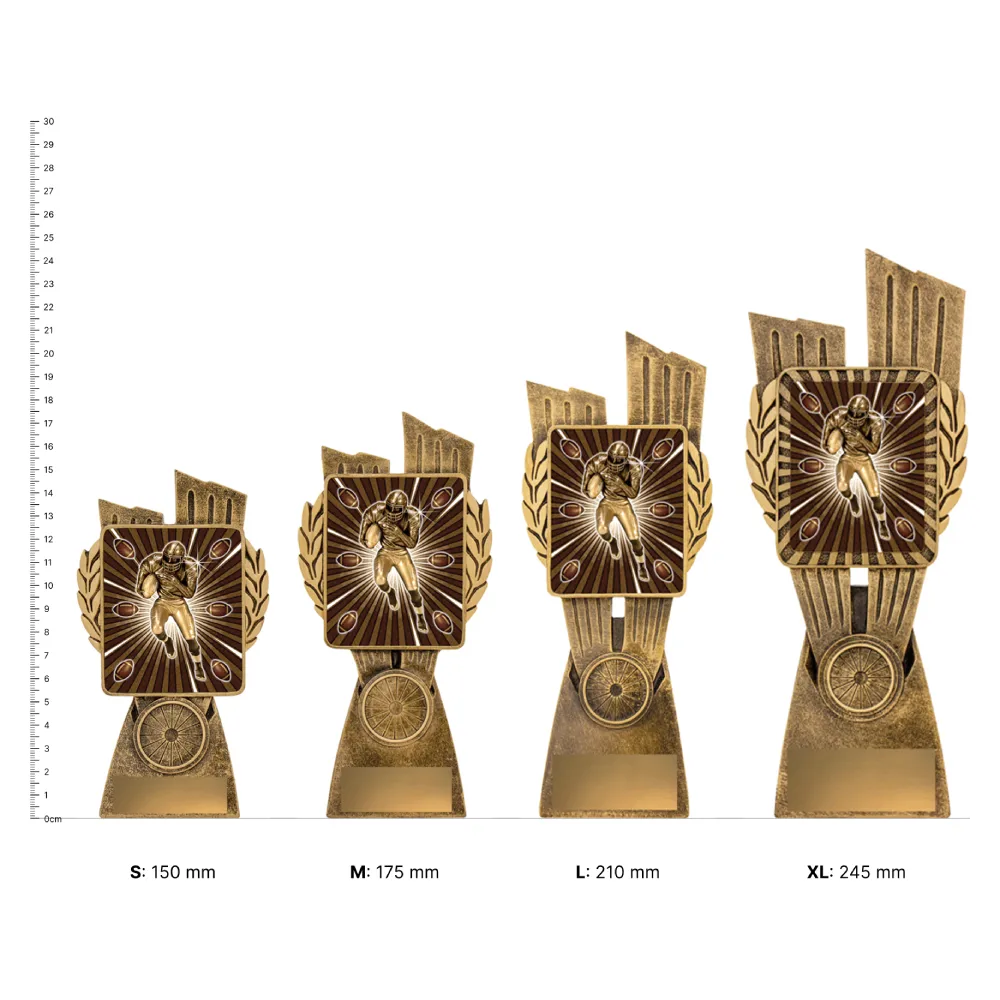 American Football Antique Gold Lynx American Football Antique Gold Lynx trophies next to ruler