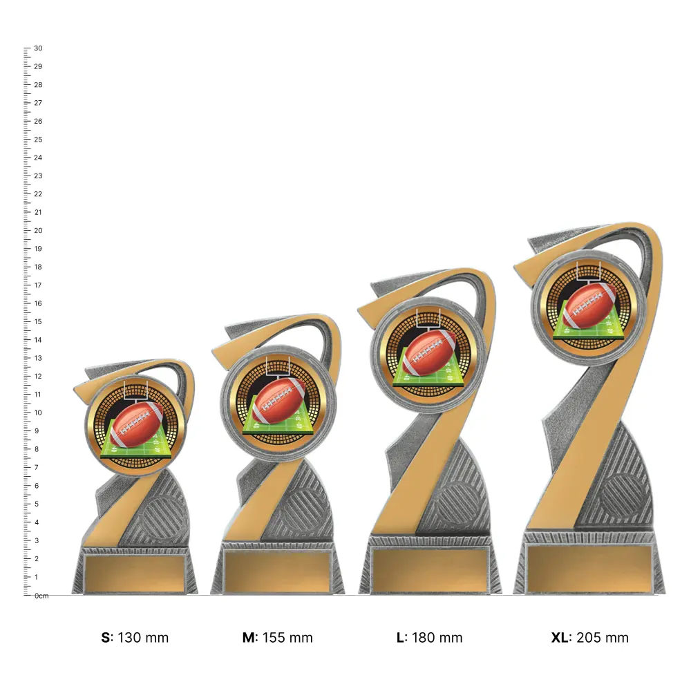 American Football Arclight Showtime trophies next to ruler American Football Arclight Showtime trophies next to ruler