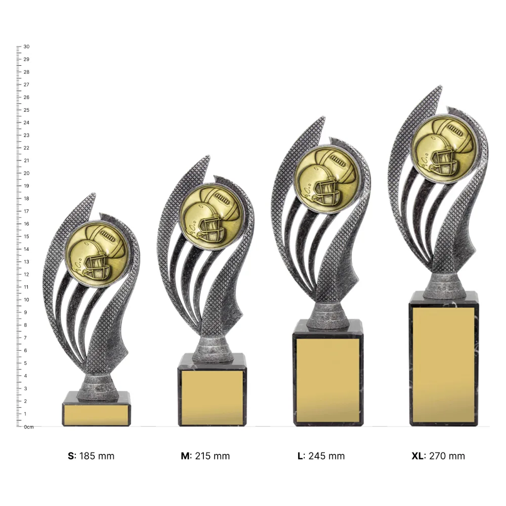 American Football Husky American Football Husky trophies next to ruler