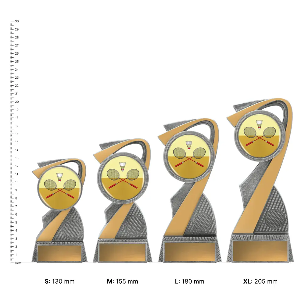 Badminton Arclight Colour trophies next to ruler