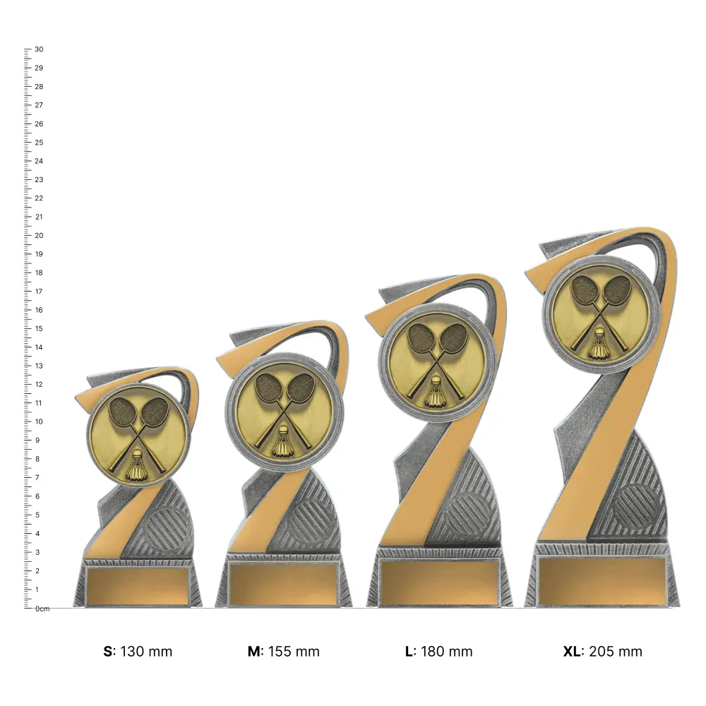 Badminton Arclight Gold trophies next to ruler Badminton Arclight Gold trophies next to ruler