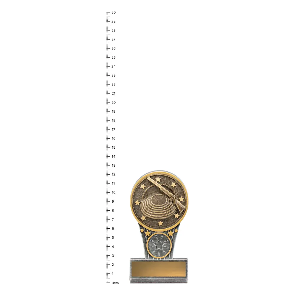 Clay Pigeon Mini IKON trophy next to ruler