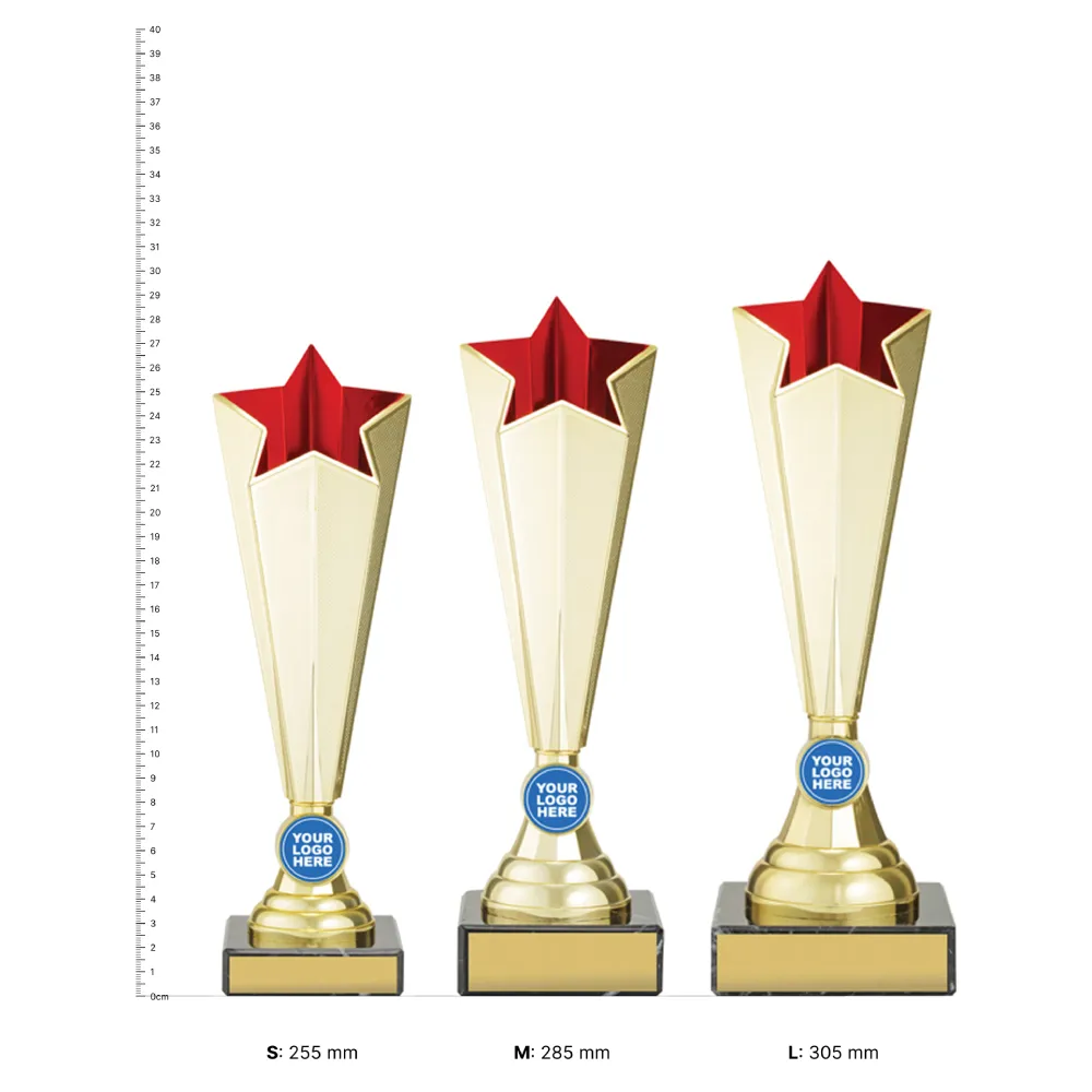 Mega Star Logo Red Mega Star Logo red trophies next to ruler