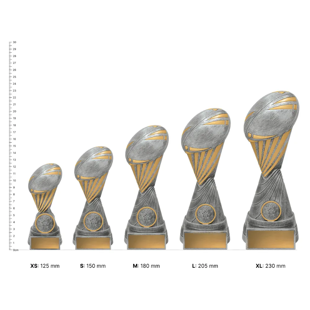 Rugby Fortis Rugby Fortis trophies next to ruler