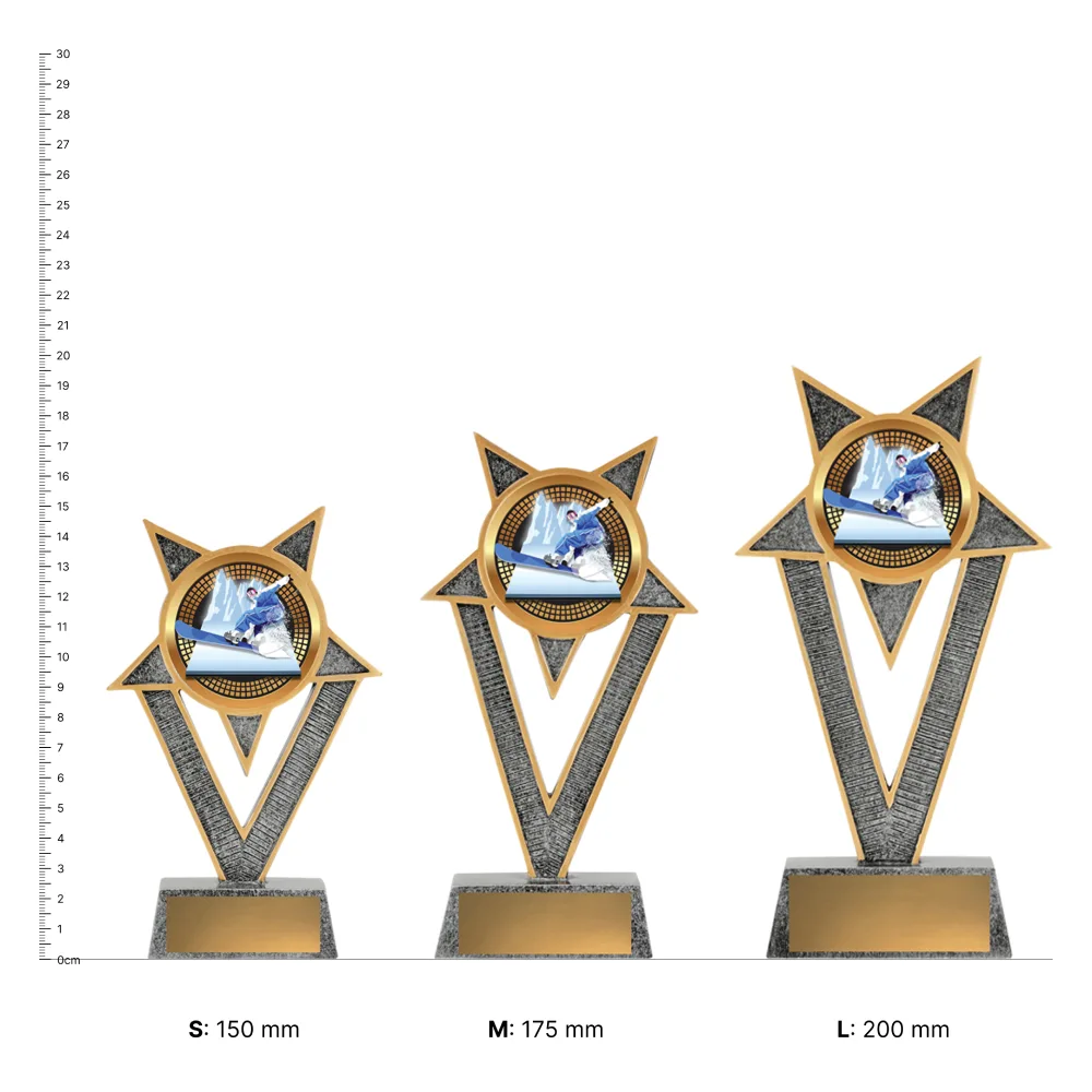 Snowboarding Ventura trophies next to ruler