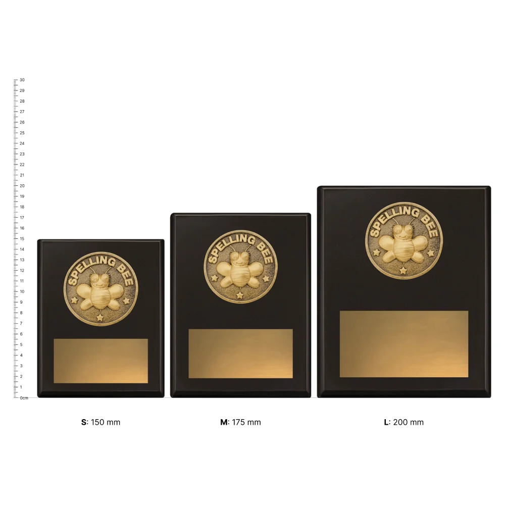 Spelling Bee Challenge Plaques next to trophies Spelling Bee Challenge Plaques next to trophies