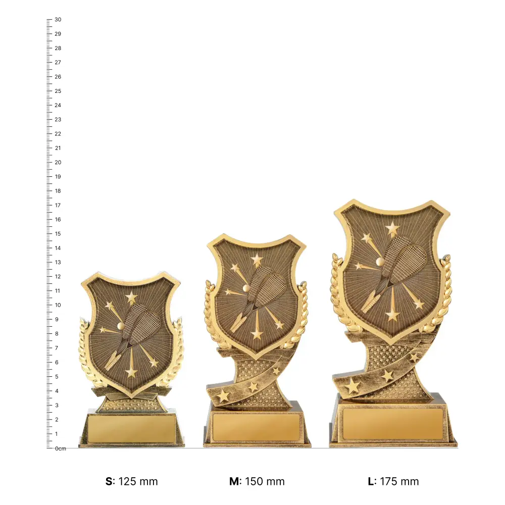 Squash Shield Stand Squash Shield Stand trophies next to ruler