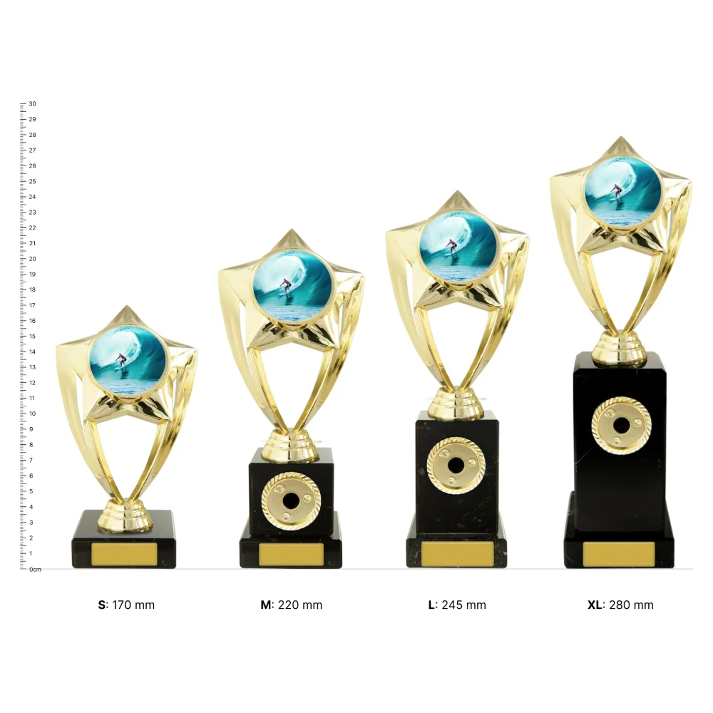 Surfing Plastic Theme on Base trophies next to ruler