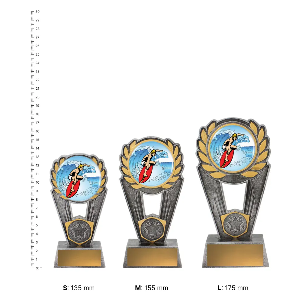 Surfing Polaris Colour trophies next to ruler