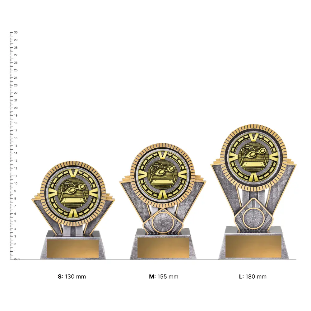 Swim Spartan Varsity trophies next to ruler
