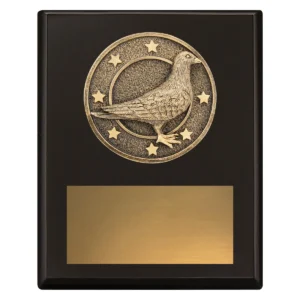 Black challenge plaque - pigeon with timber construction