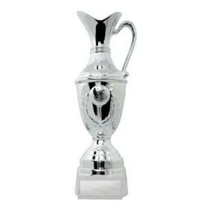 Metallic silver claret jug golf award with resin construction