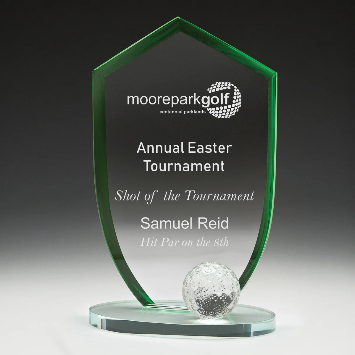 Green club champion award with glass construction