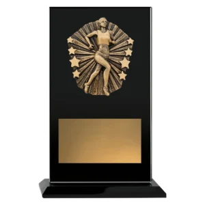Black cosmos glass - female running with glass construction