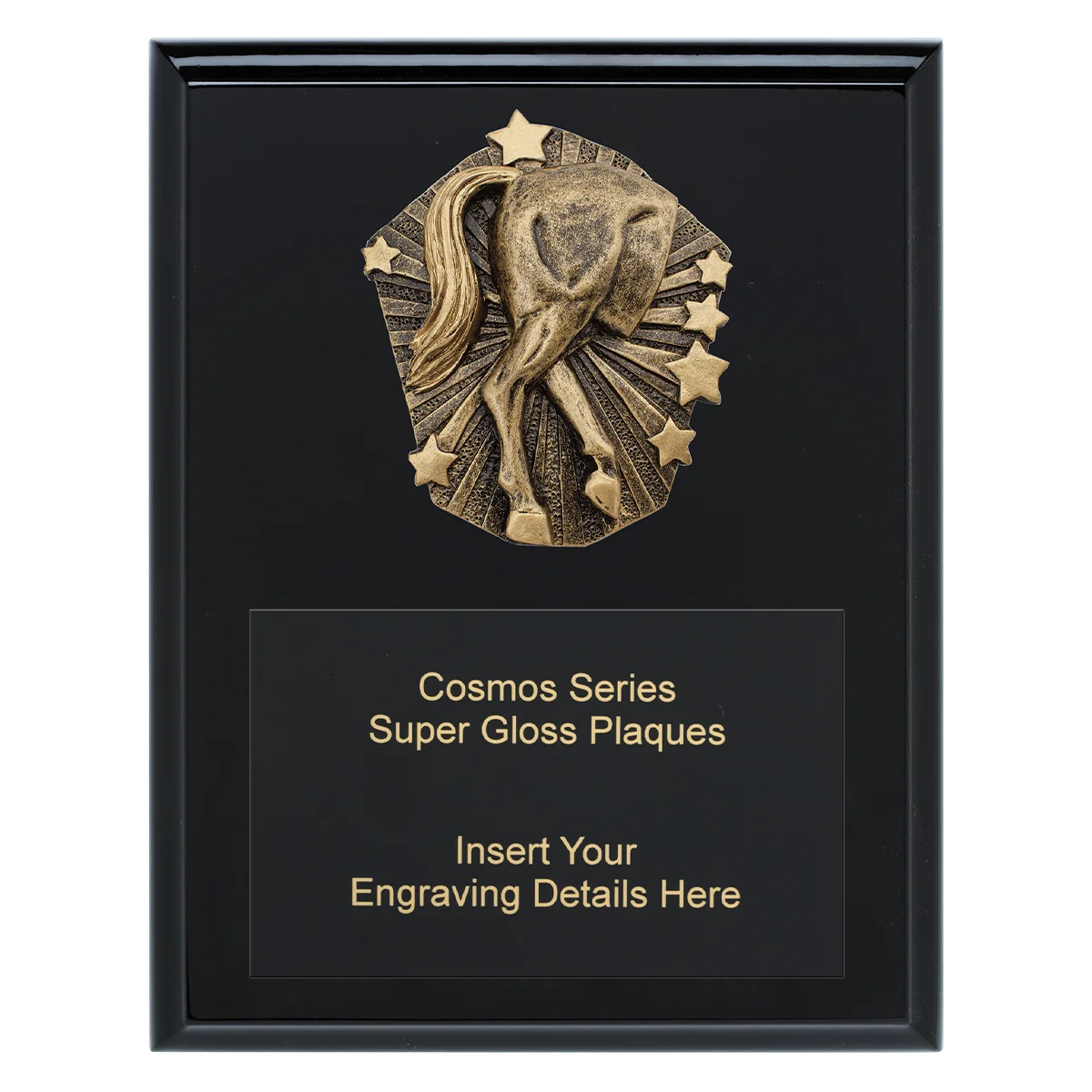 crk782a-black Black cosmos super plaque - horse's rear with timber construction
