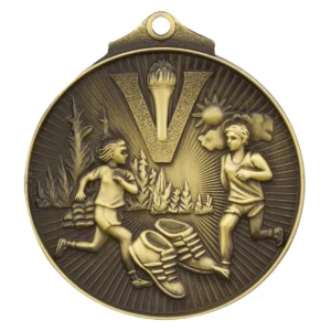Gold cross country medal with metal construction