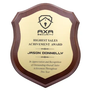 Walnut engraved shield award with timber construction