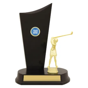 Gold female golfer timber crest with plastic / timber construction