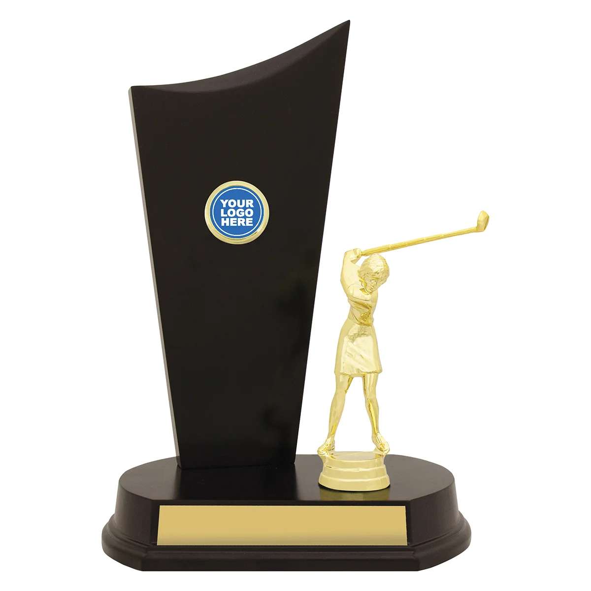 yt8314a-gold Gold female golfer timber crest with plastic / timber construction