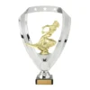 female water skier on column small Silver and gold trophy featuring a female water skier inside a modern open frame on a black base with engraving plate small