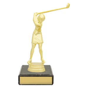 Gold figure trophy - female golf with plastic / marble construction