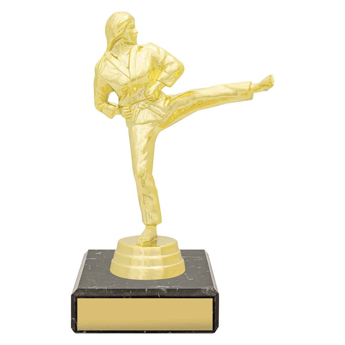 yb8345-gold Gold figure trophy - female karate with plastic / marble construction
